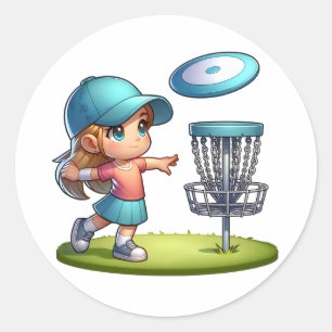 Niedlich Little Girl Disk Golf Cartoon Runder Aufkleber