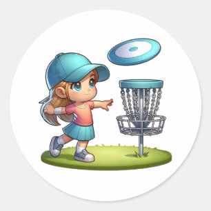 Niedlich Little Girl Disk Golf Cartoon Runder Aufkleber