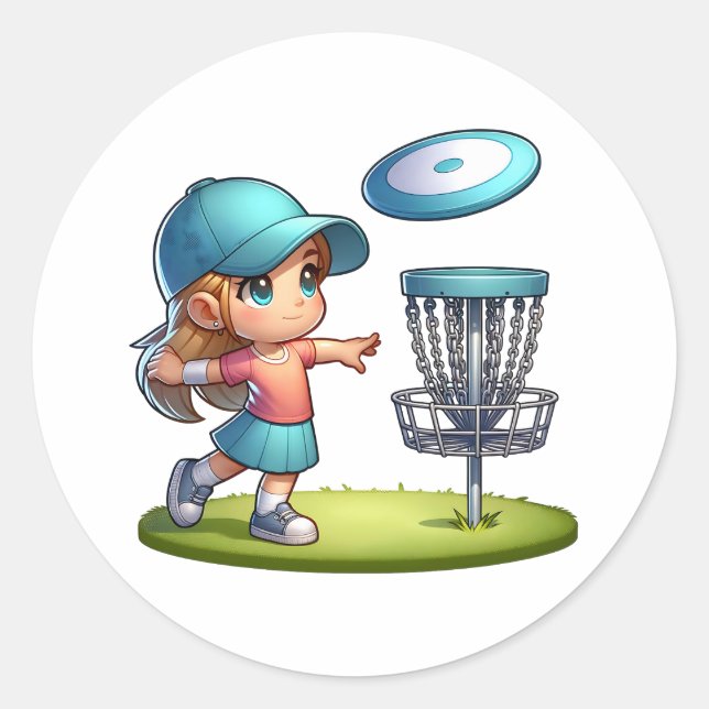 Niedlich Little Girl Disk Golf Cartoon Runder Aufkleber (Vorderseite)