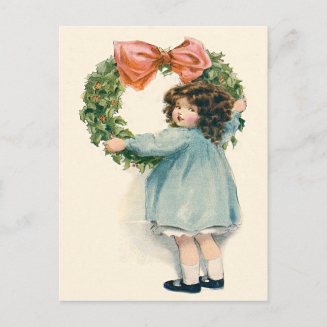 Niedlich Little Girl Holly Wreath Pink Bow Postkarte (Vorderseite)