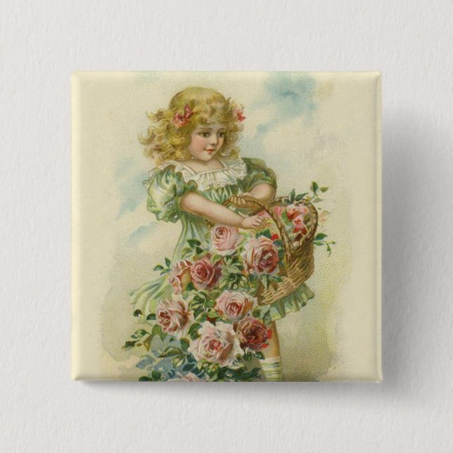 Niedlich Little Girl Pink Roses Button (Vorderseite)