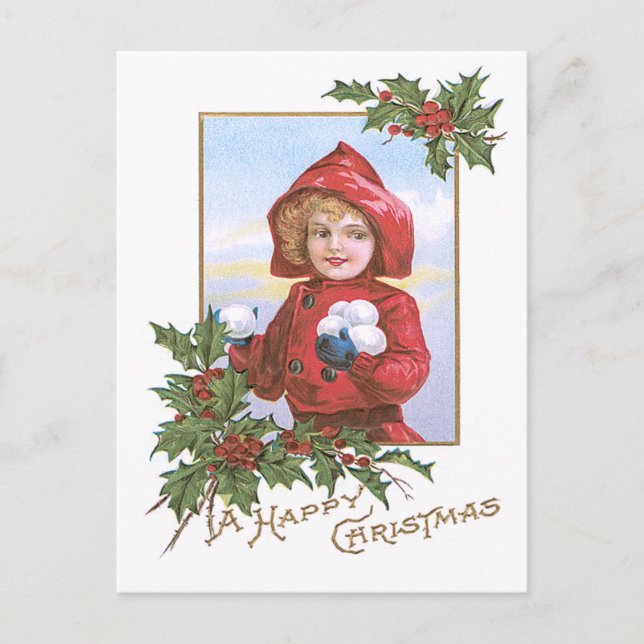 Niedlich Little Girl Snowballs Holly Postkarte (Vorderseite)