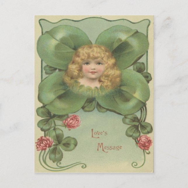 Niedlich Little Girl Vierblättriges Kleeblatt Blum Postkarte (Vorderseite)