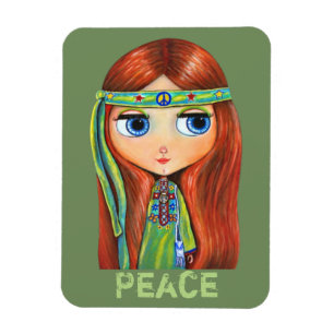 Niedlich Little Green Hippie Girl Peace Sign Magnet