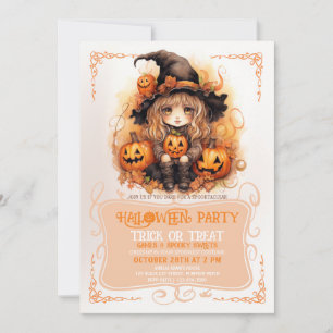 Niedlich Little Hexe and Pumpkins Halloween Einladung