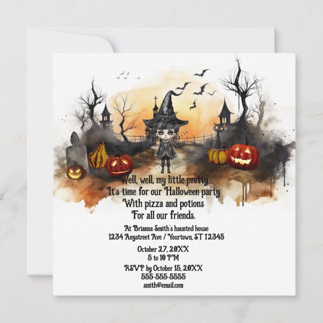 Niedlich Little Hexe Teen Halloween-Party Einladung (Vorderseite)