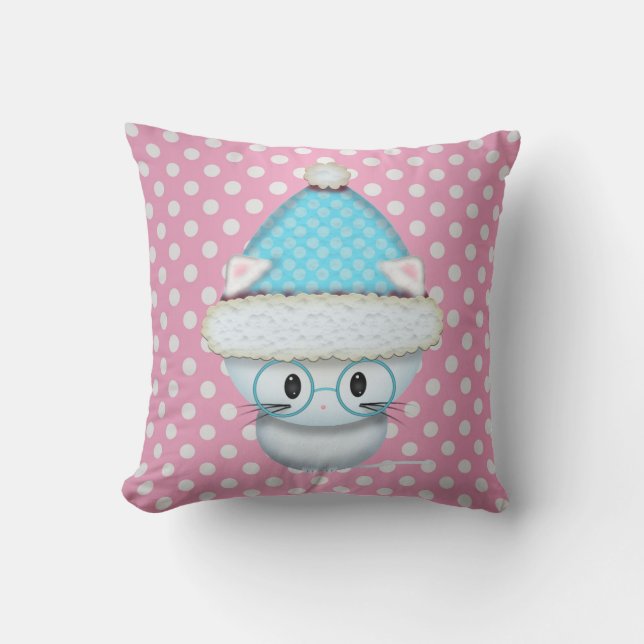 Niedlich Little Kitten im Winter Hat Polka Dot Kissen (Vorderseite)