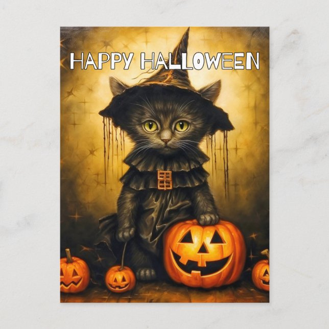 Niedlich Little Kitty Cat Hexe | Frohe Halloween Postkarte (Vorderseite)