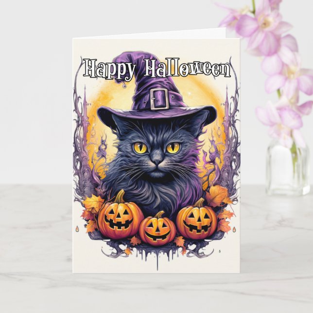 Niedlich Little Kitty Cat Hexe | Halloween Karte (Orchidee)