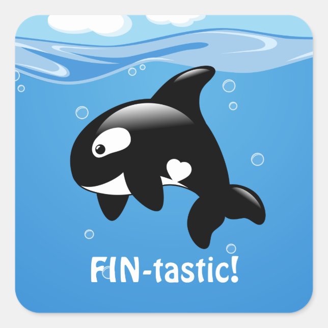 Niedlich Little Orca Whale FIN-tastic (Fantastic) Quadratischer Aufkleber (Vorderseite)