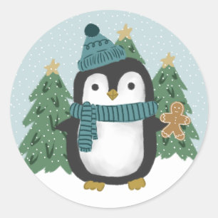 Niedlich Little Penguin und Gingerbrei Mann Weihna Runder Aufkleber