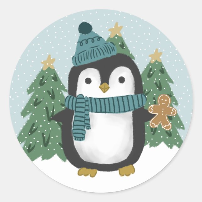 Niedlich Little Penguin und Gingerbrei Mann Weihna Runder Aufkleber (Vorderseite)