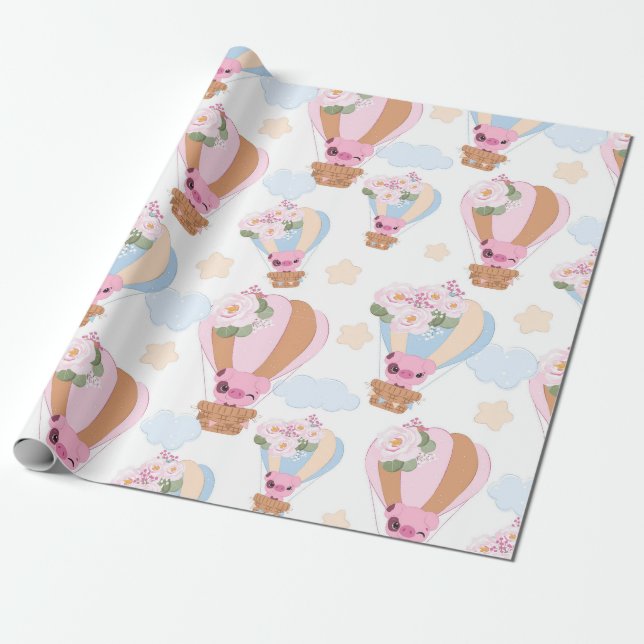 Niedlich Little Piggy Balloon Ride Geschenkpapier (Ungerollt)