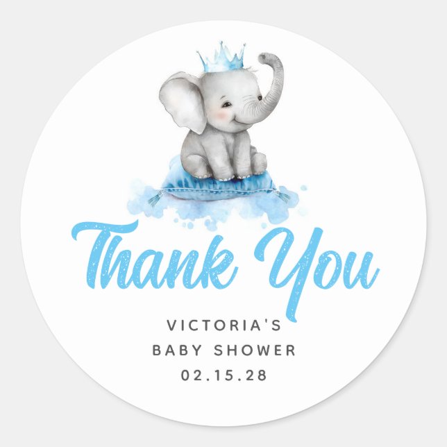 Niedlich Little Prince Elephant Blue Baby Dusche Runder Aufkleber (Vorderseite)