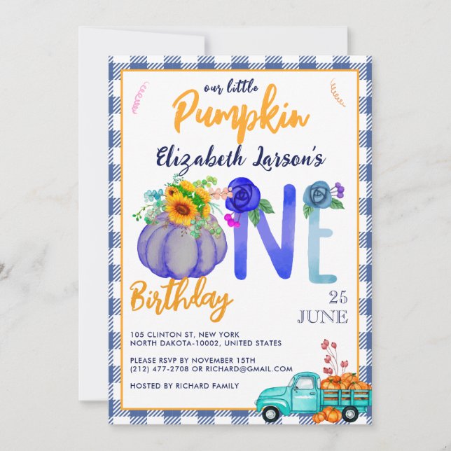 Niedlich Little Pumpkin Birthday Blue LKW Thema Einladung (Vorderseite)