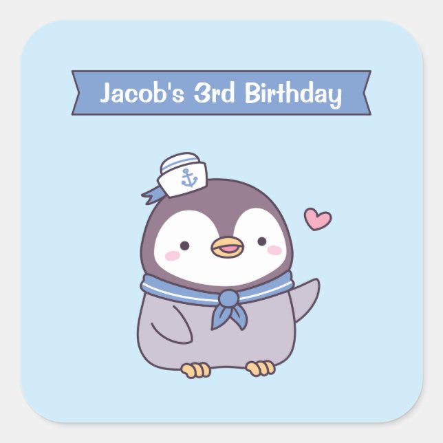Niedlich Little Sailor Pinguin Doodle Kindergeburt Quadratischer Aufkleber (Vorderseite)