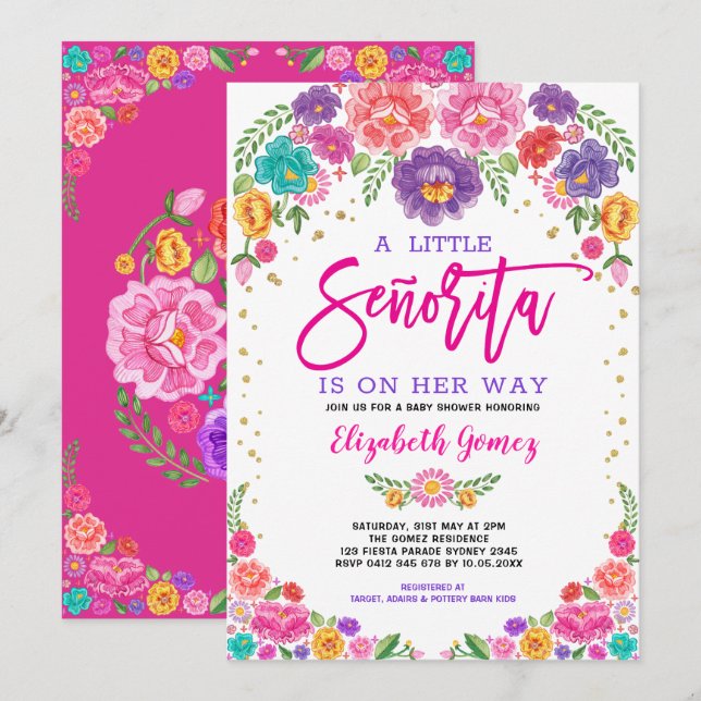 Niedlich Little Senorita Fiesta Blume Kinderdusche Einladung (Vorne/Hinten)
