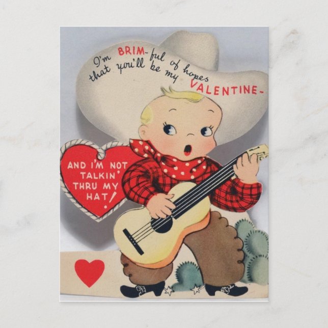 Niedlich Little Singing Cowboy Vintag Valentine Postkarte (Vorderseite)