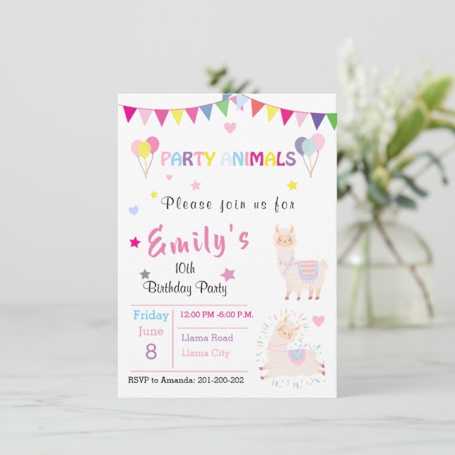 Niedlich Llama Einladung & Kids Party Stationierun (Stehend Vorderseite)
