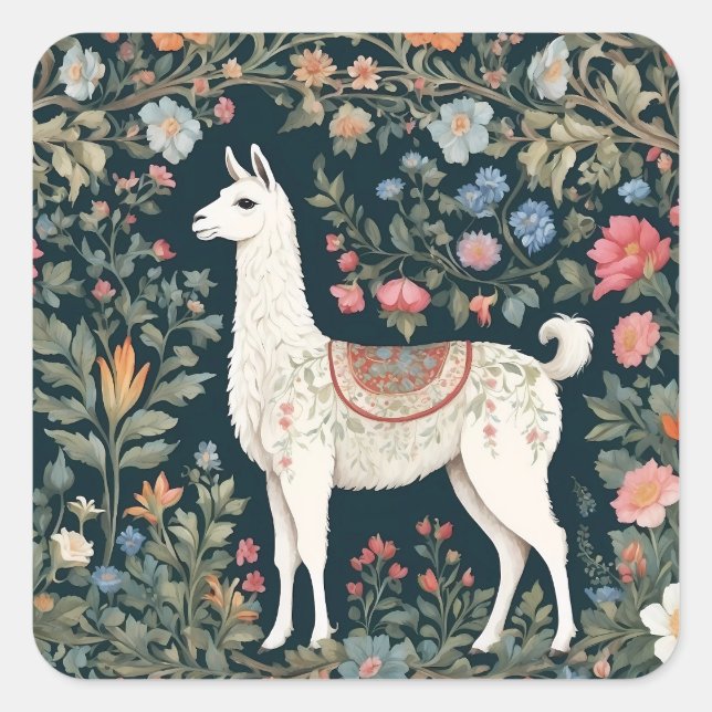 Niedlich Llama Elegant Floral Quadratischer Aufkleber (Vorderseite)