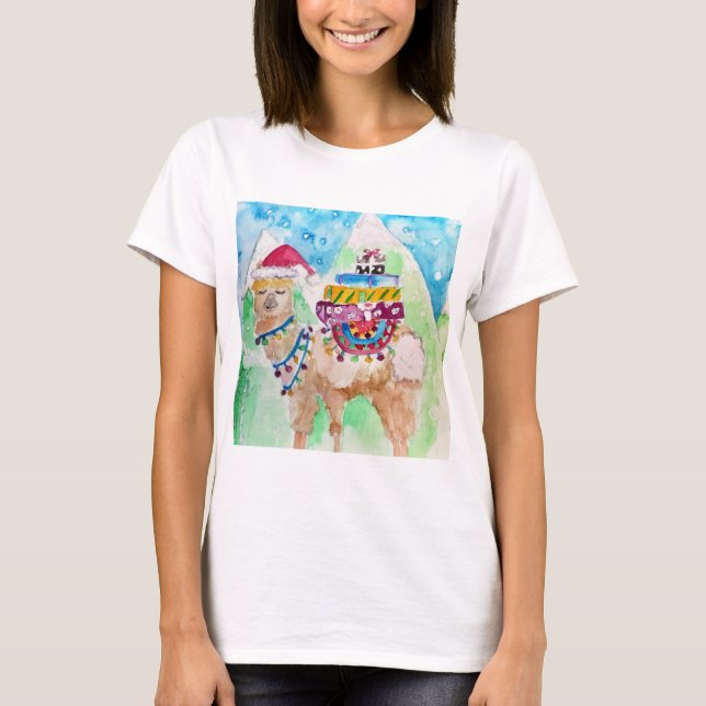Niedlich Llama Frohe Weihnachten Wasserfarbenkunst T-Shirt (Vorderseite)