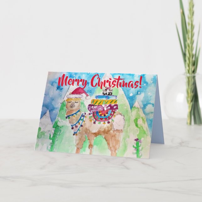 Niedlich Llama Frohe Weihnachts Wasserfarbenkarte Karte (Vorderseite)