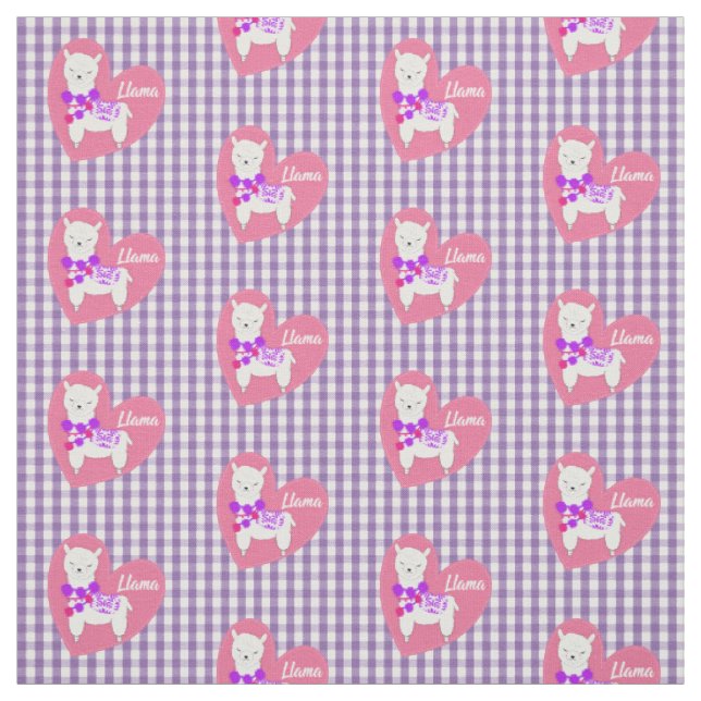 Niedlich Llama Heart Gingham Kariert Pink Lila Wei Stoff (Muster)