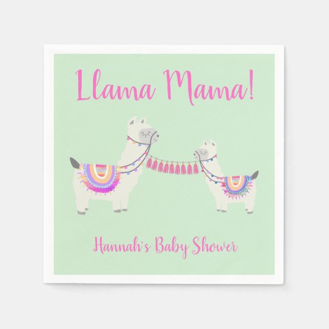 Niedlich Llama Mama Hot Pink und Green Baby Dusche Serviette (Vorderseite)