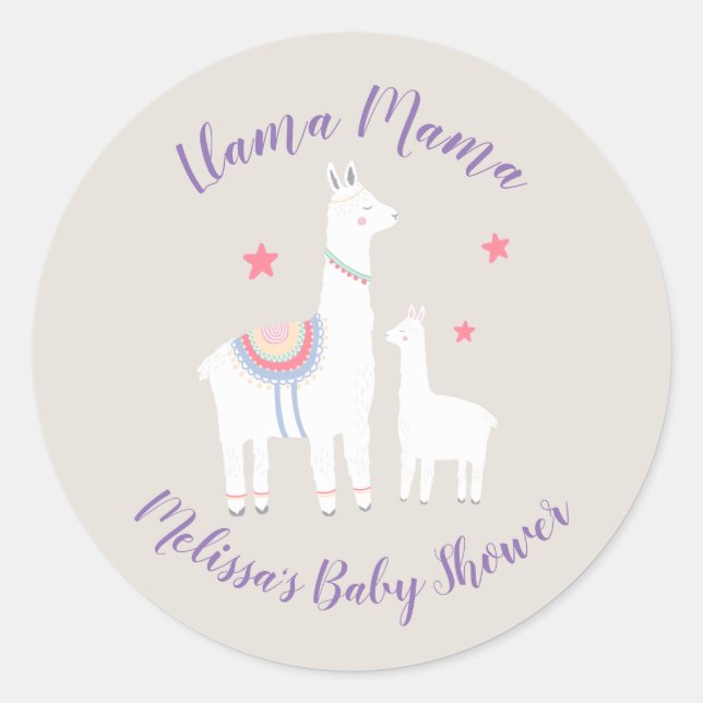 Niedlich Llama Mama Moderne Babydusche Runder Aufkleber (Vorderseite)