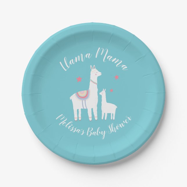 Niedlich Llama Mama Turquoise Baby Dusche Pappteller (Vorderseite)