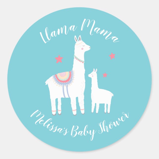 Niedlich Llama Mama Turquoise Moderne Babydusche Runder Aufkleber (Vorderseite)