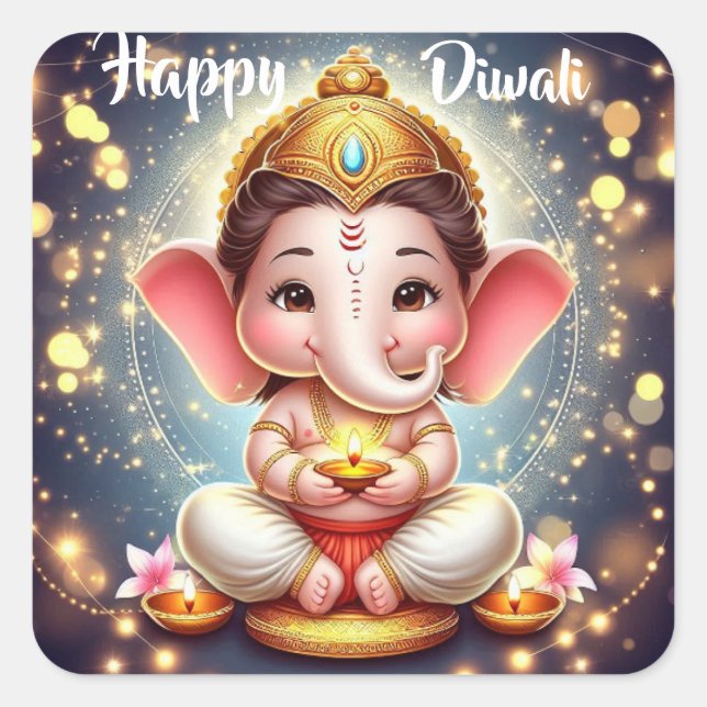Niedlich Lord Ganesh Happy Diwali Quadratischer Aufkleber (Vorderseite)