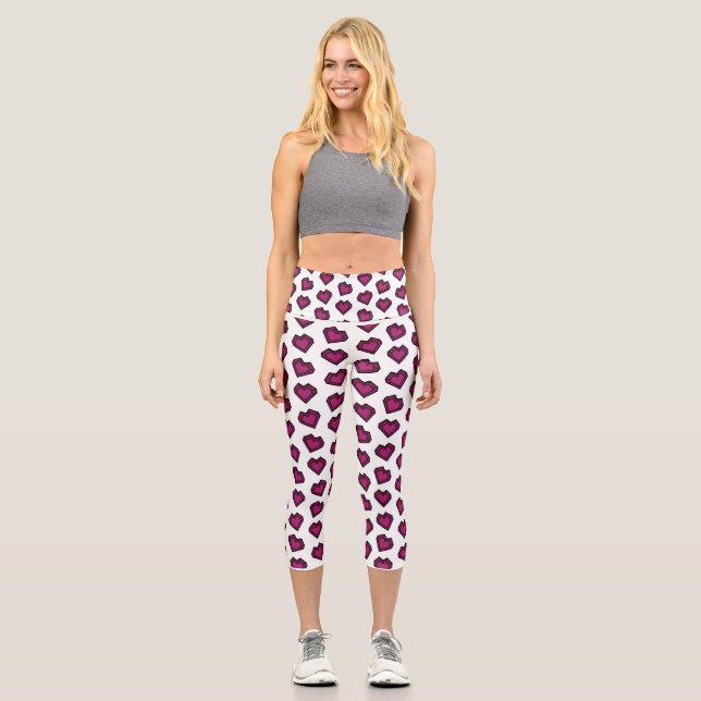 Niedlich Magenta Dark Pink Gemstone Herzmuster Capri Leggings (Vorderseite)