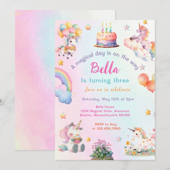 Niedlich Magical Unicorn Rainbow Girl Birthday Par Einladung (Vorne/Hinten)
