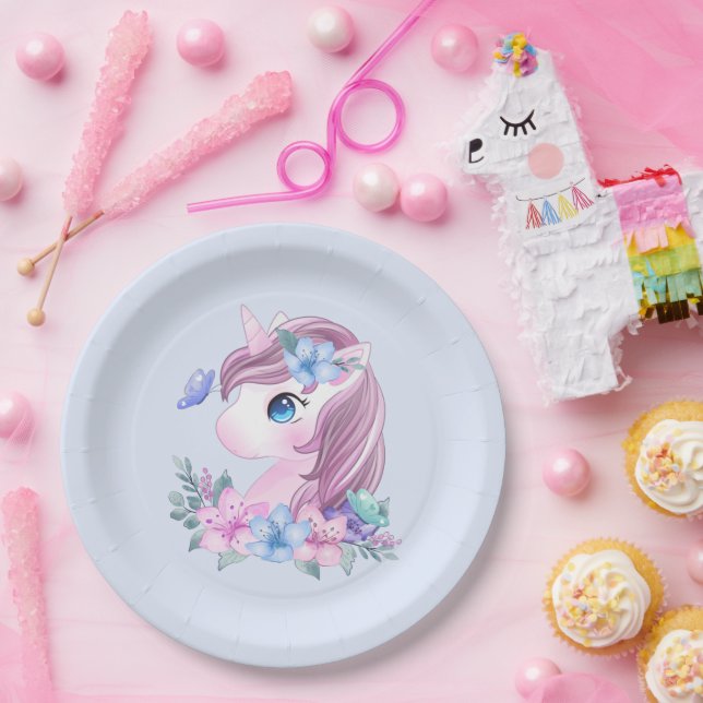 Niedlich & magisch Baby Unicorn in Wasserfarbe Pappteller (Party)