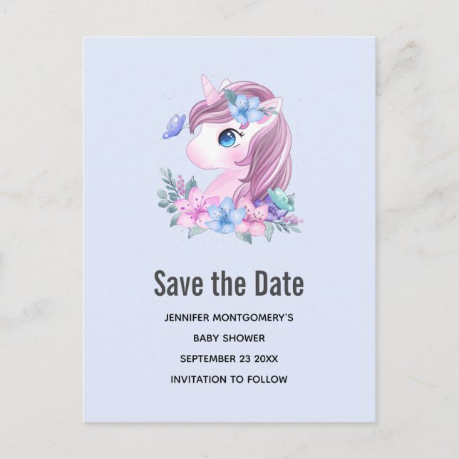 Niedlich & magisch Baby Unicorn Save the Date Einladungspostkarte (Vorderseite)