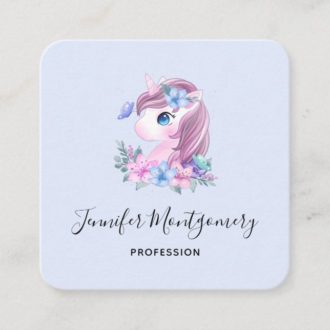 Niedlich & magisch Baby Unicorn Wasserfarbe Quadratische Visitenkarte (Vorderseite)