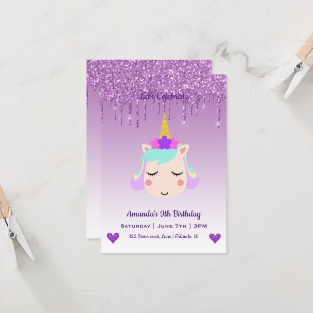 Niedlich Magische Einhorn & Herz Geburtstag Einladung (Vorderseite/Rückseite Beispiel)