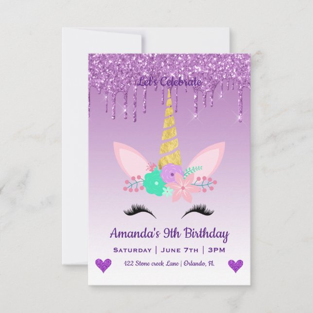 Niedlich Magische Einhorn & Herz Geburtstag Einladung (Vorderseite)