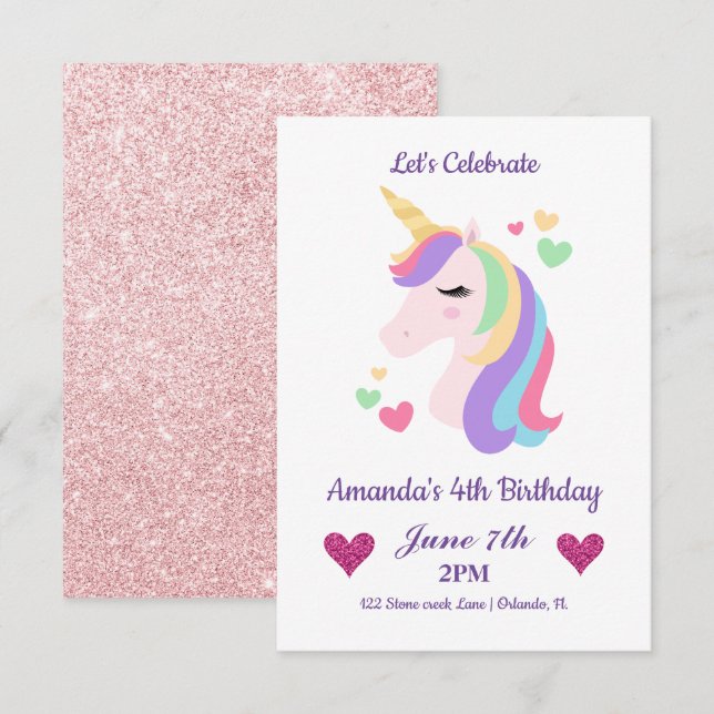 Niedlich Magische Einhorn & Herz Geburtstag Einladung (Vorne/Hinten)