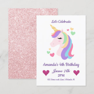 Niedlich Magische Einhorn & Herz Geburtstag Einladung
