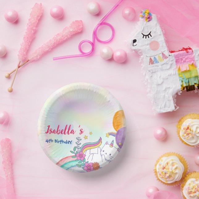 Niedlich Magische Regenbogenkatze Unicorn Geburtst Pappteller (Party)