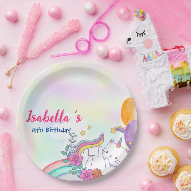 Niedlich Magische Regenbogenkatze Unicorn Geburtst Pappteller (Party)