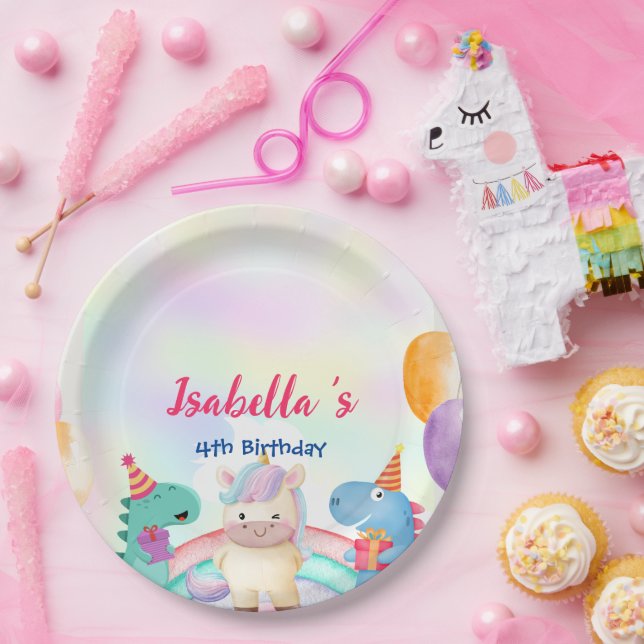 Niedlich Magischer Regenbogen Dino Einhorn Geburts Pappteller (Party)