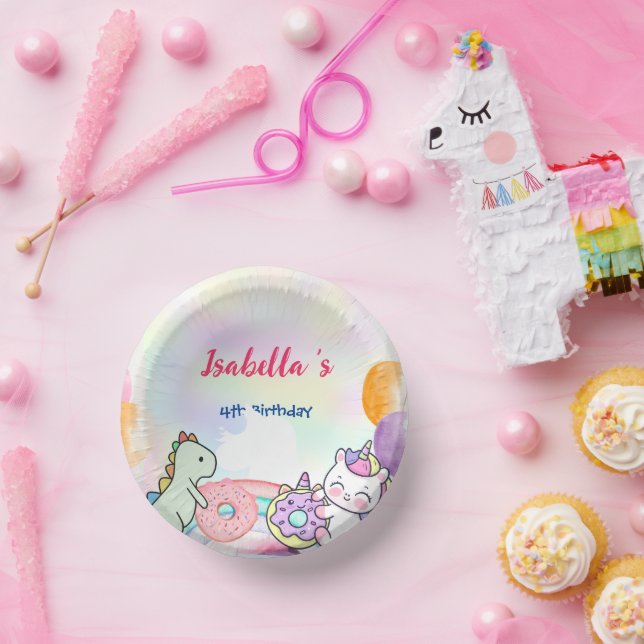 Niedlich Magischer Regenbogen Dino Einhorn Geburts Pappteller (Party)