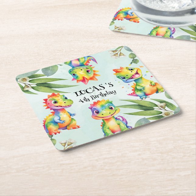 Niedlich Magischer Regenbogen Dinosaur Happy Birth Rechteckiger Pappuntersetzer (angewinkelt)