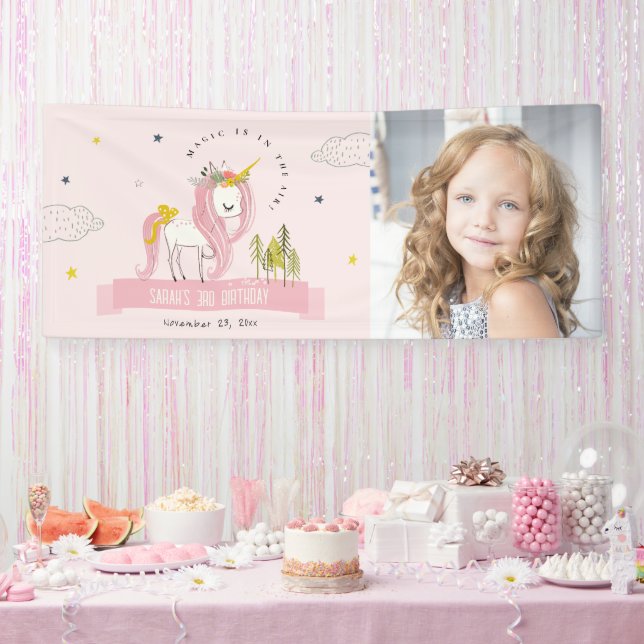 Niedlich Magisches Einhorn Rosa Kinder Foto Geburt Banner (Party)