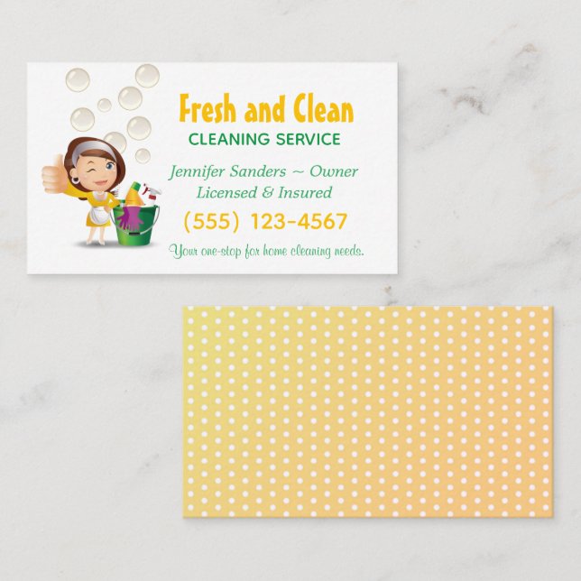 Niedlich Maid Girl Polka Dots Reinigungsservice Visitenkarte (Vorne/Hinten)