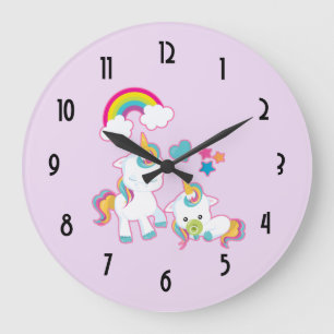 Niedlich Mama & Baby Unicorn Magische Illustration Große Wanduhr