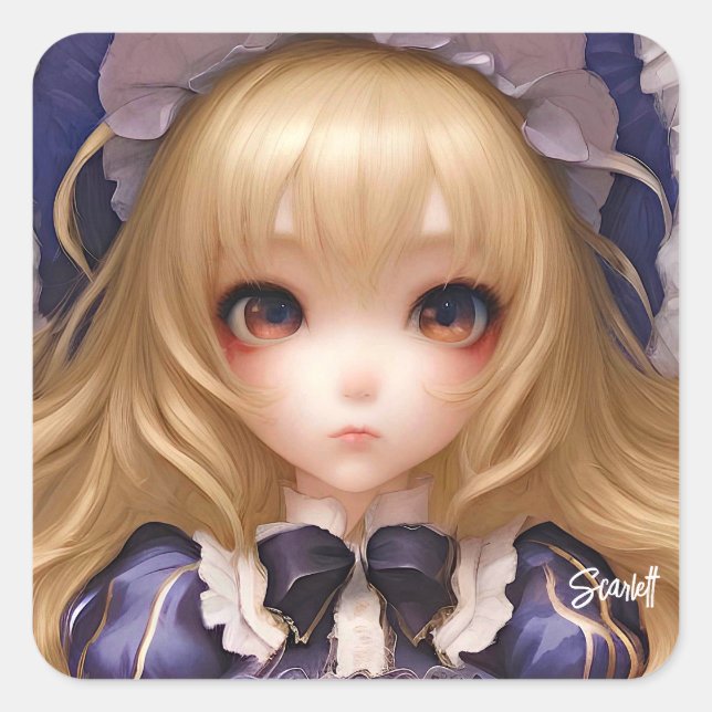 Niedlich Manga Anime Girl Japanisch in Blau Quadratischer Aufkleber (Vorderseite)
